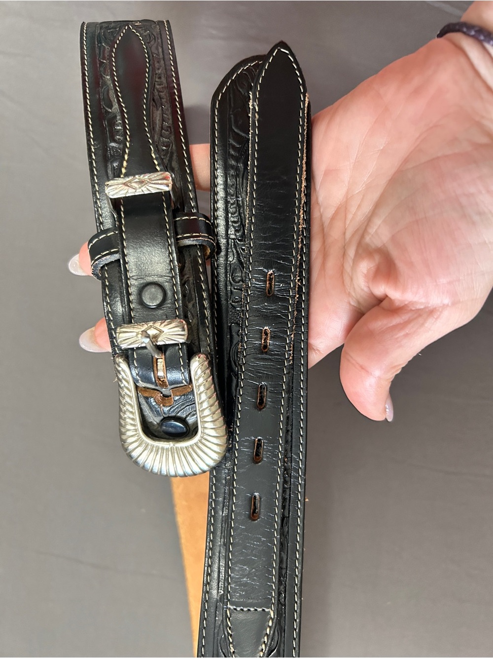 Tony Lama Western Black Leather Belt Sz 38 - Silver Tone Buckle